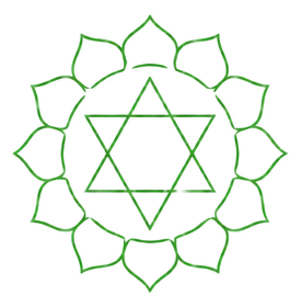 Line-art emblem of a six-pointed star inside an open lotus, drawn in green, marking the Heart chakra breath.