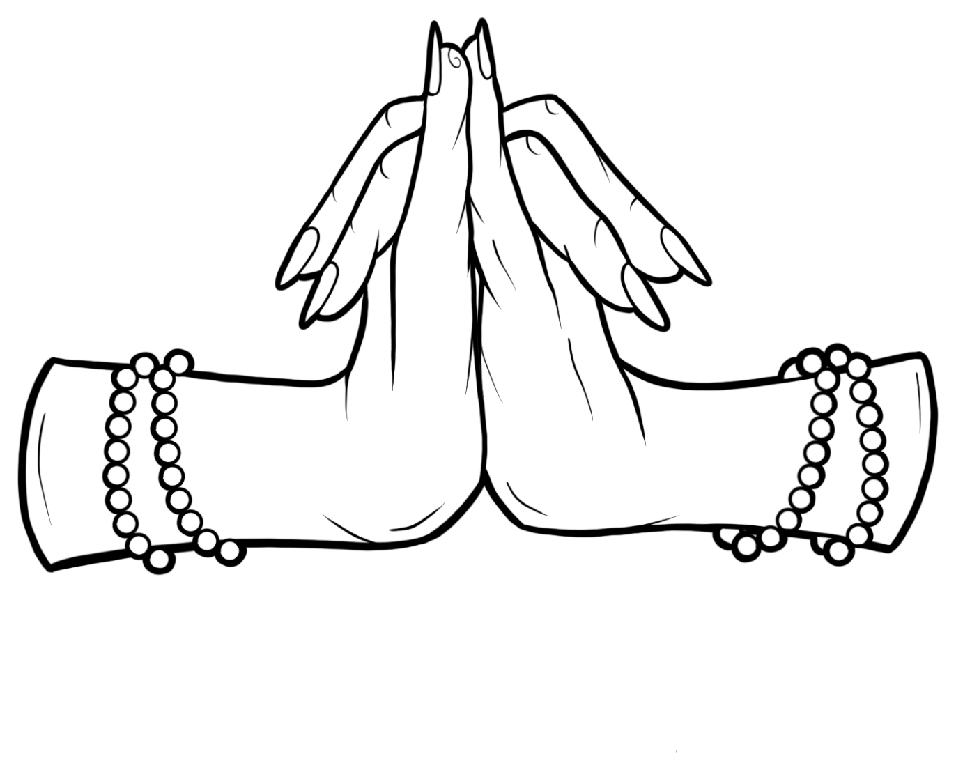 Line drawing of two hands with the little fingers raised and the other fingers curled outward like lotus petals, for the Crown chakra.