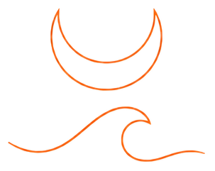 Line-art emblem of a crescent moon above a water wave, drawn in orange, marking the Sacral chakra breath.