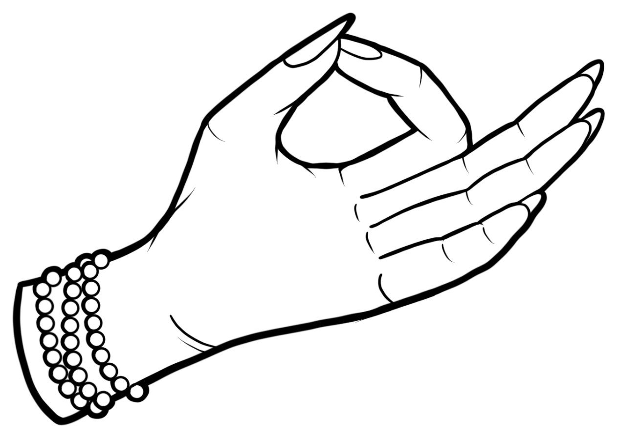 Line drawing of one hand in Gyan Mudra, thumb and index tips touching with the other three fingers extended, for the Root chakra.