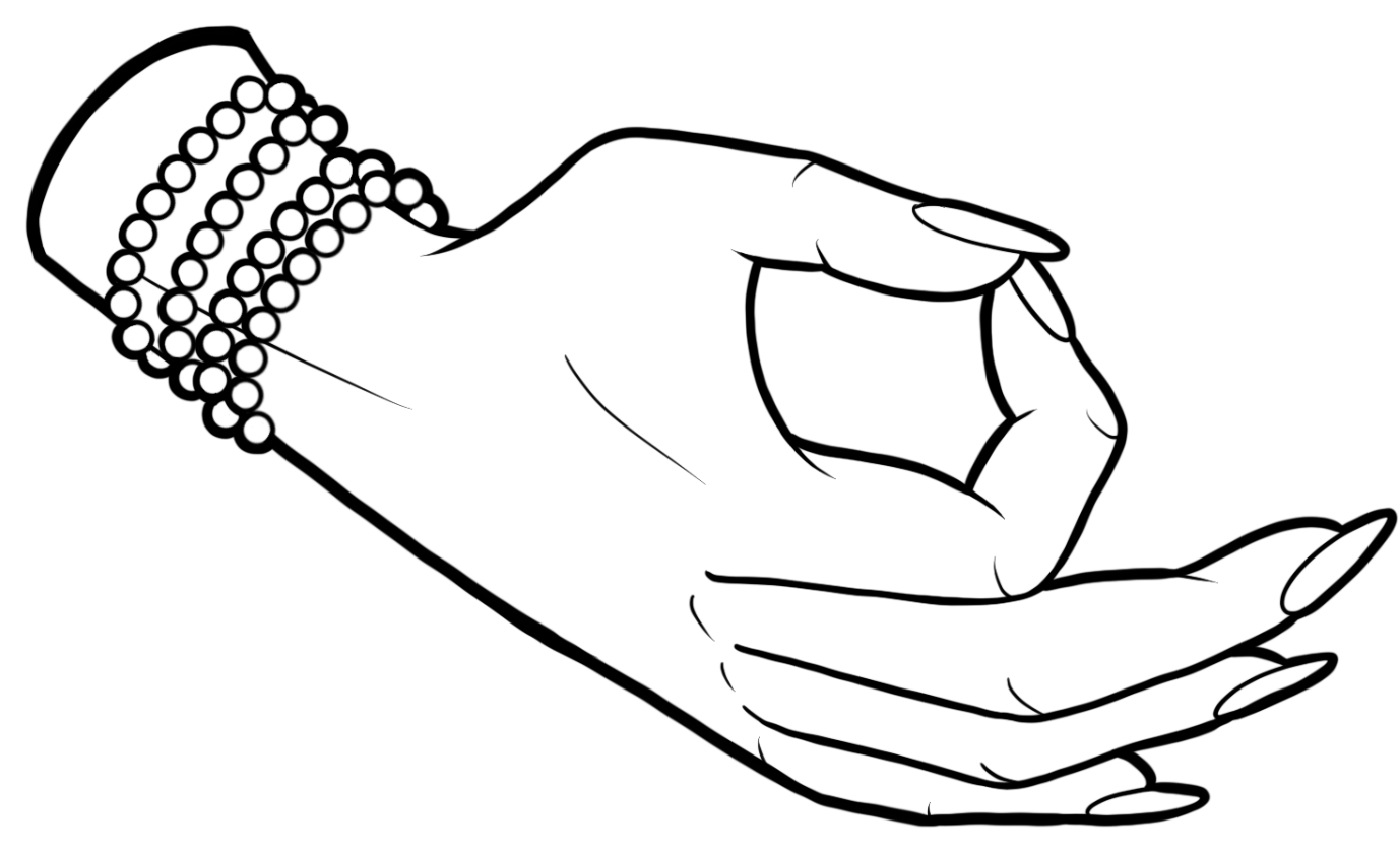 Line drawing of one hand with the thumb and index tips touching to form a circle, held at the heart, for the Heart chakra.