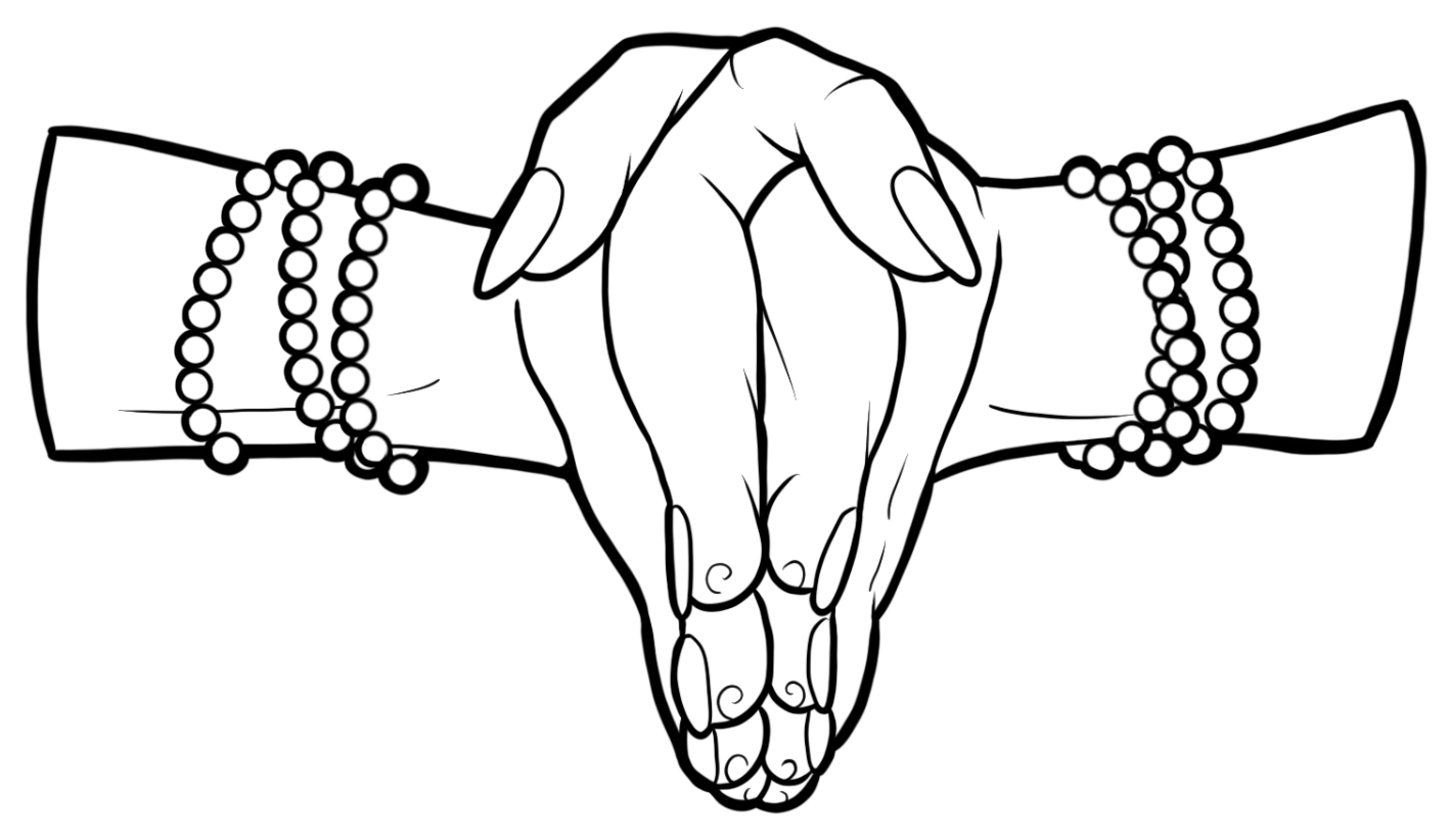 Line drawing of two hands with the fingertips pressed tip to tip and the thumbs crossed, for the Solar Plexus chakra.
