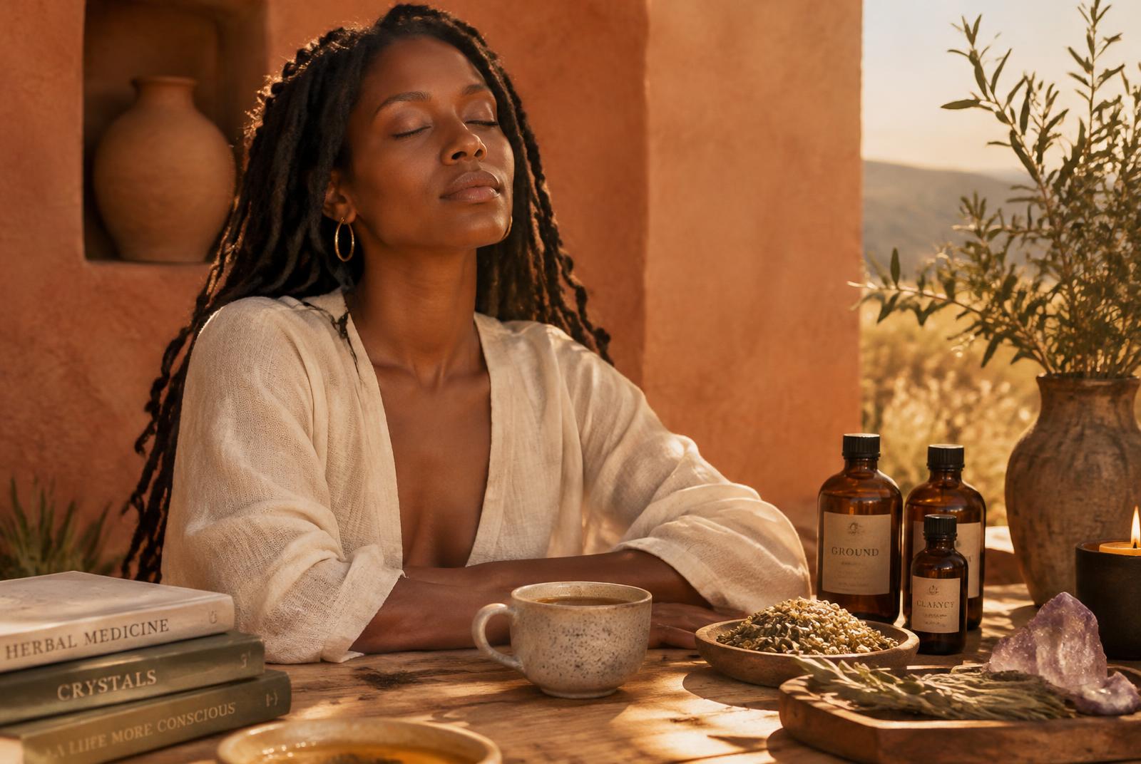 Andrea in a meditative moment with herbs and crystals